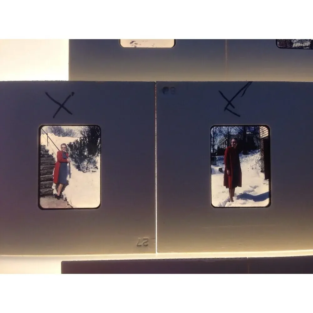 Lot 10 Vtg 1940s Kodachrome Women Red Coat Snow Winter Photographs Color Slides